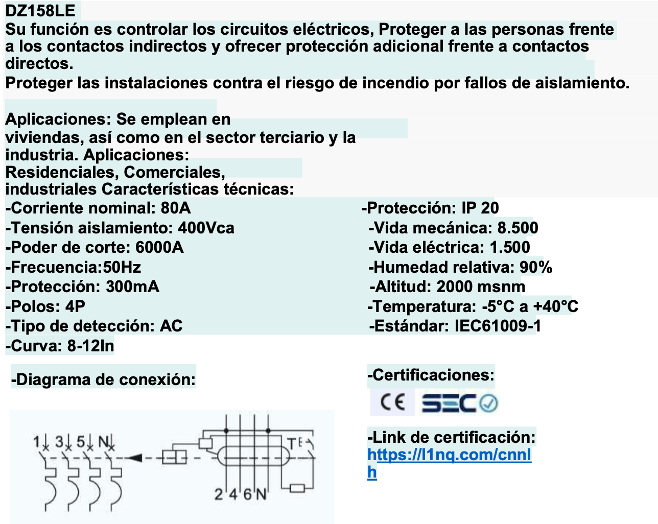 Interruptor Diferencial CHINT DZ158LE 4P 80A 300mA 6kA – Código 070258030CH