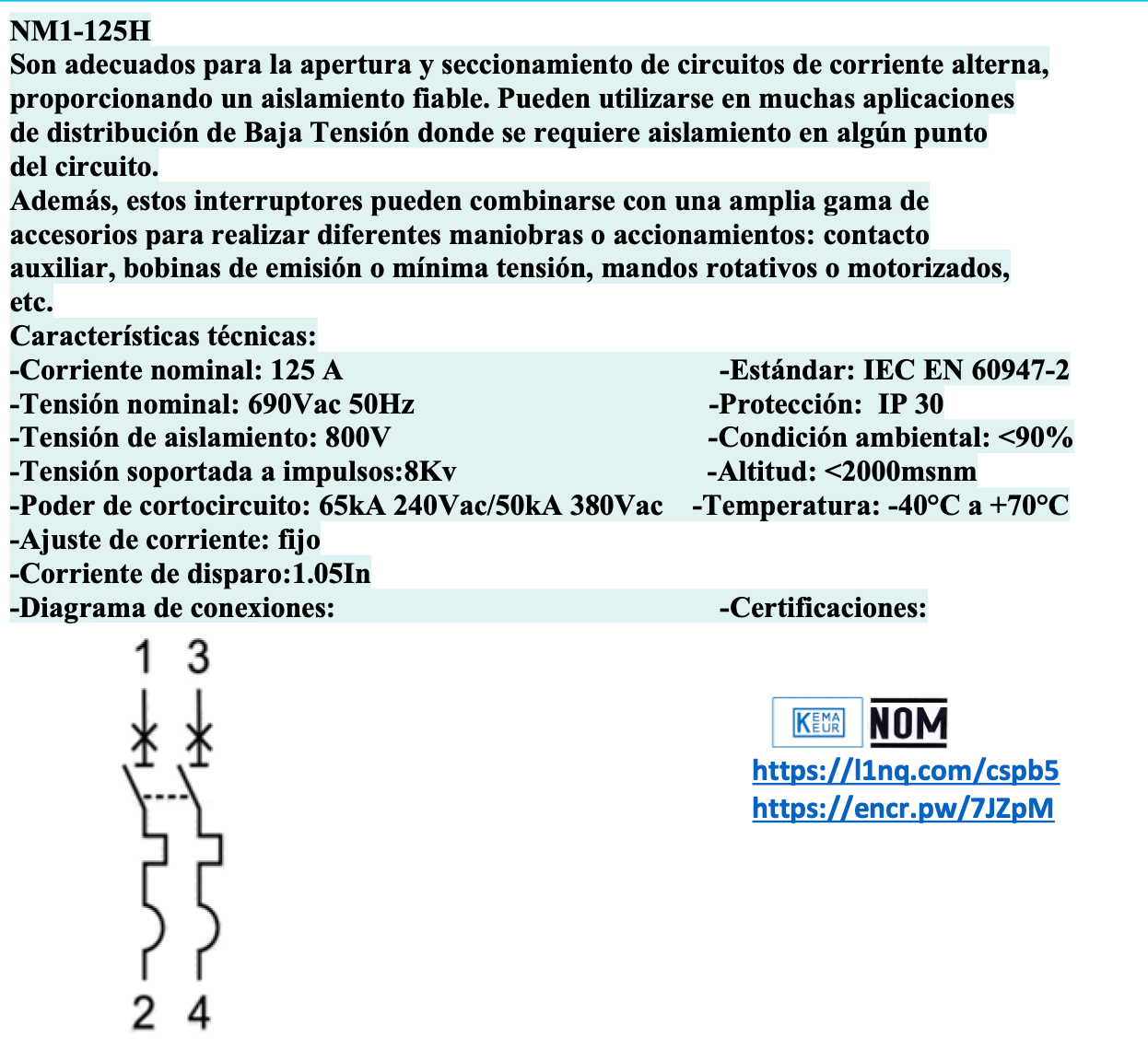 Interruptor Automático MCCB CHINT NM1-125H 2P 125A Fijo 415V 50kA – Código 0721213125CH