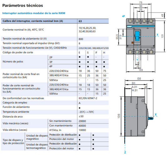 Interruptor Automático Moldado CHINT NXM-63E/4300B 4P 16 A 15 kA – Código 07212410016CH