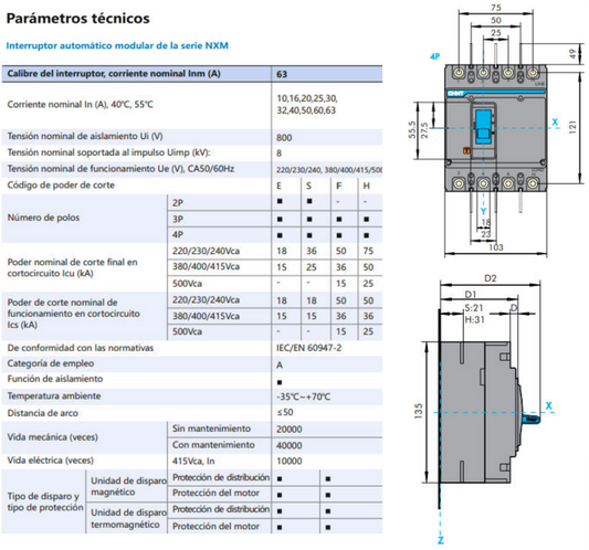 Interruptor Automático Moldado CHINT NXM-63E/4300B 4P 32 A 15 kA – Código 07212410032CH