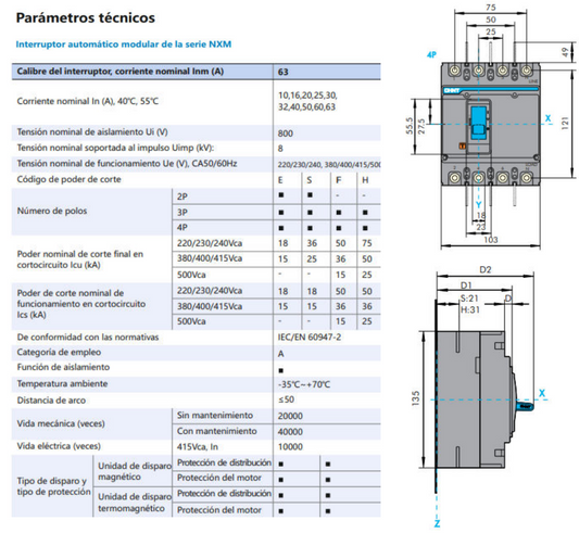 Interruptor Automático Moldado CHINT NXM-63E/4300B 4P 63 A 15 kA – Código 07212410063CH