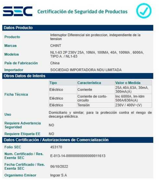 Interruptor Diferencial CHINT NL1-A 2P 25 A 300 mA Tipo A – Código 070322530CH