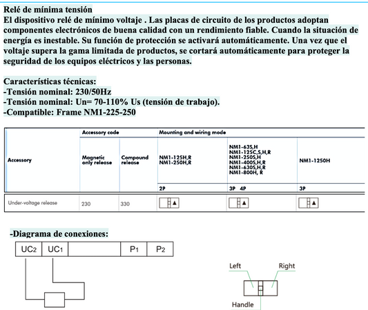 Relé de Mínima Tensión CHINT S.H.R 230V AC para Interruptores NM1-225/250 – Código 072102325CH