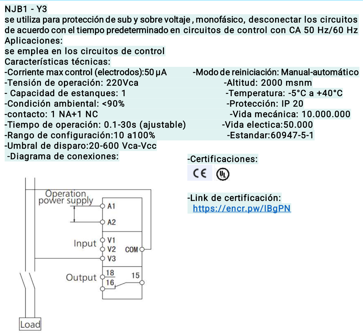 Relé Monofásico de Sub/Bajo Voltaje CHINT NJB1-Y3/C 60–600V AC/DC Alimentación 220V – Código 0506001CH