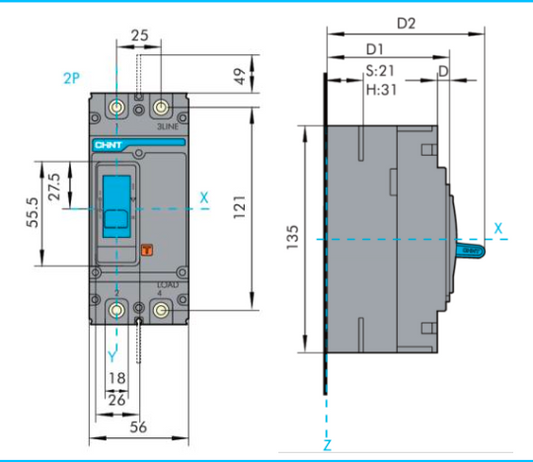 Interruptor Termomagnético MCCB CHINT NXM-63E 2P 20A 15kA 415V Fijo – Código 0721221020CH