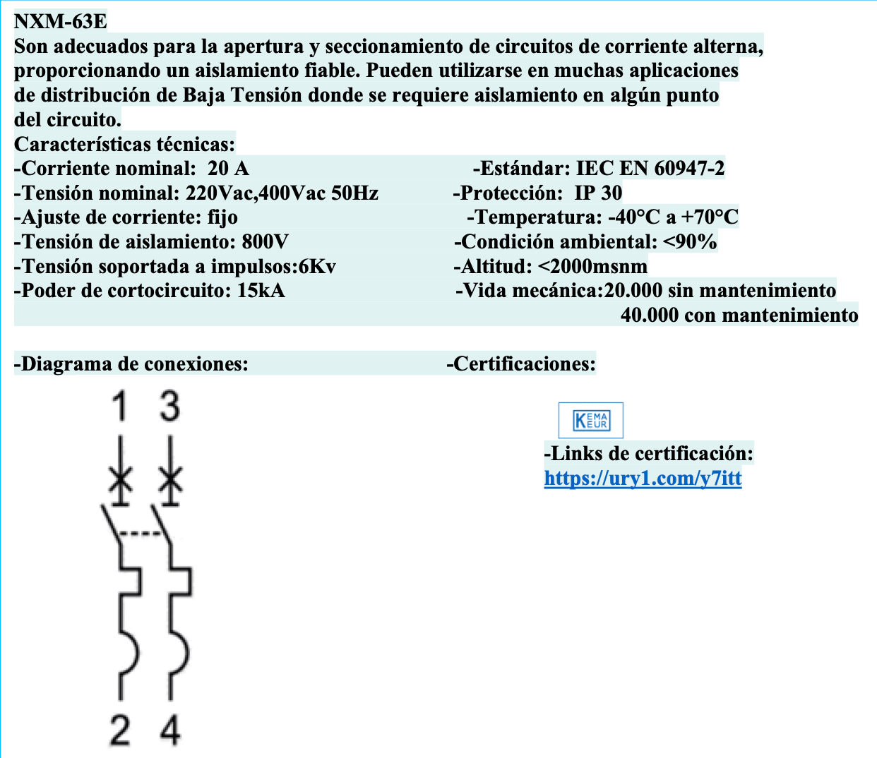 Interruptor Termomagnético MCCB CHINT NXM-63E 2P 20A 15kA 415V Fijo – Código 0721221020CH