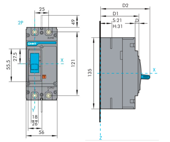 Interruptor Termomagnético MCCB CHINT NXM-63S 2P 20A 25kA 415V Fijo – Código 0721222020CH