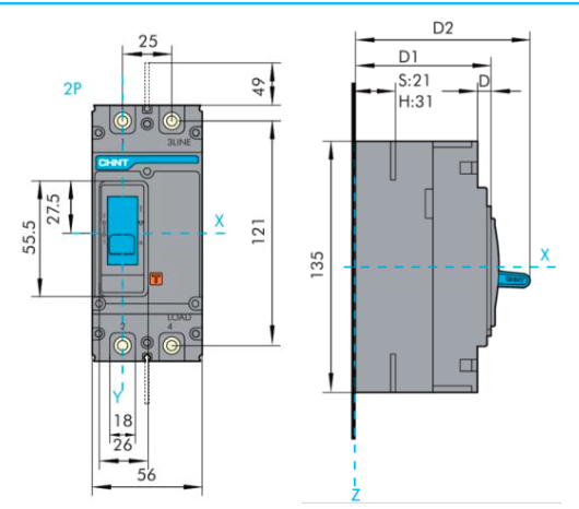 Interruptor Termomagnético MCCB CHINT NXM-63S 2P 50A 25kA 415V Fijo – Código 0721222050CH