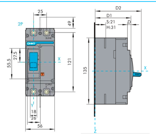 Interruptor Termomagnético MCCB CHINT NXM-63S 2P 63A 25kA 415V Fijo – Código 0721222063CH