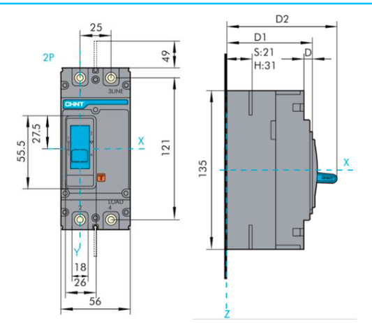 Interruptor Termomagnético MCCB CHINT NXM-63S 2P 63A 25kA 415V Fijo – Código 0721222063CH