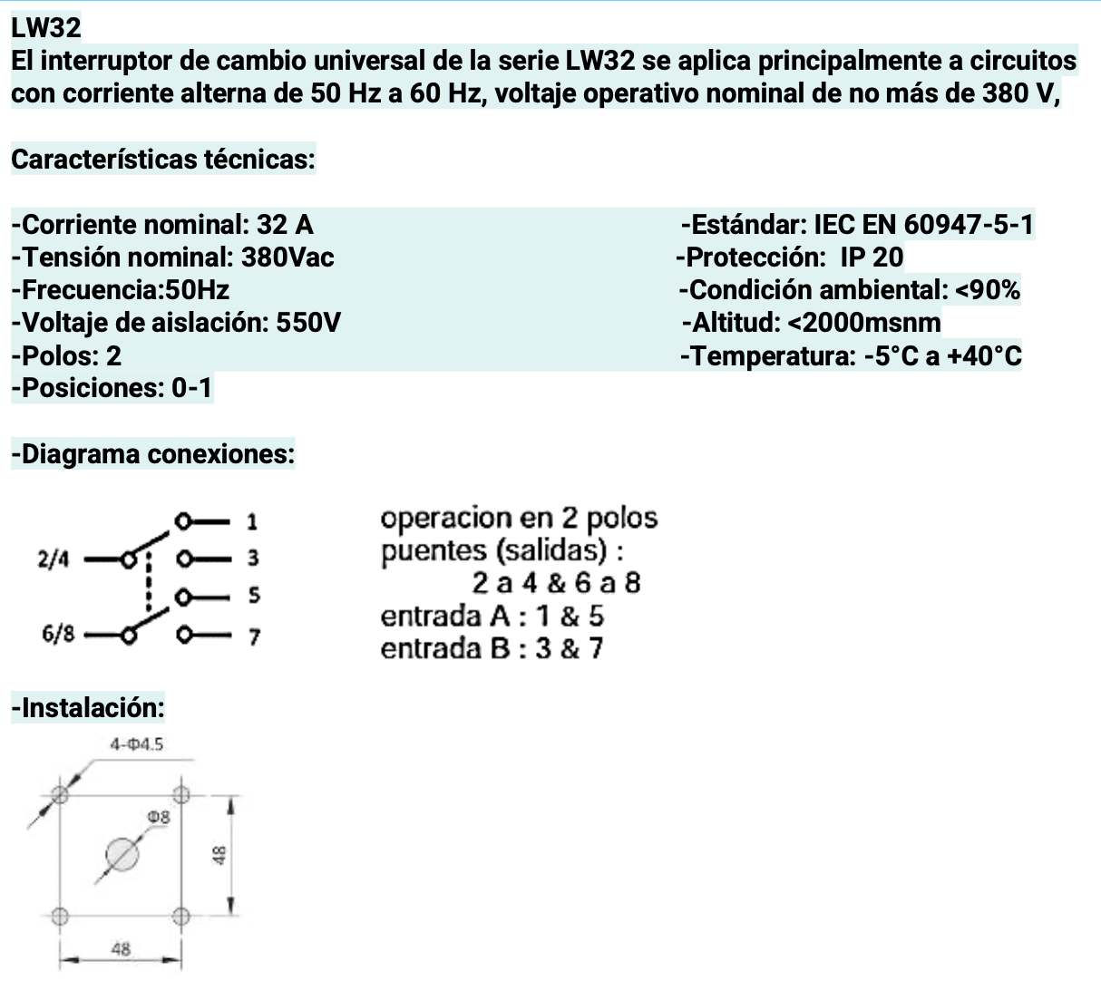 Seccionador Rotativo CHINT LW32-63/C04/2 2P 63A 2 Posiciones (0-1) 65x65mm – Código 170222636CH