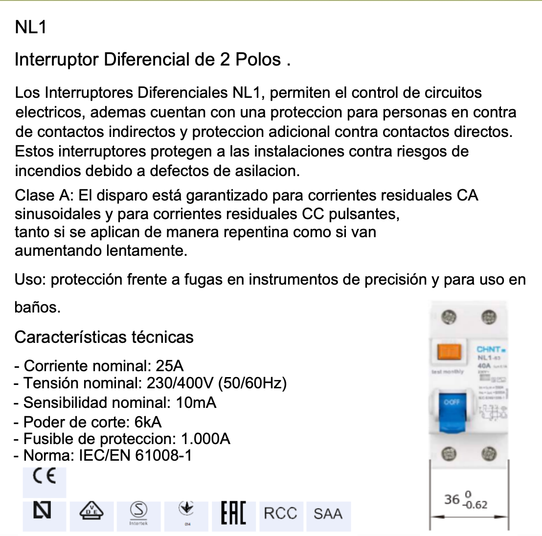 Interruptor Diferencial CHINT NL1 2P 25A 10mA Tipo A – 6kA – Código 070222502CH