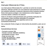 Interruptor Diferencial CHINT NL1 2P 25A 10mA Tipo A – 6kA – Código 070222502CH