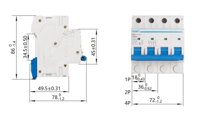 Interruptor DC CHINT NB1-63DC 2P 16A 1000VDC Curva C – 6kA – Código 07032416CH