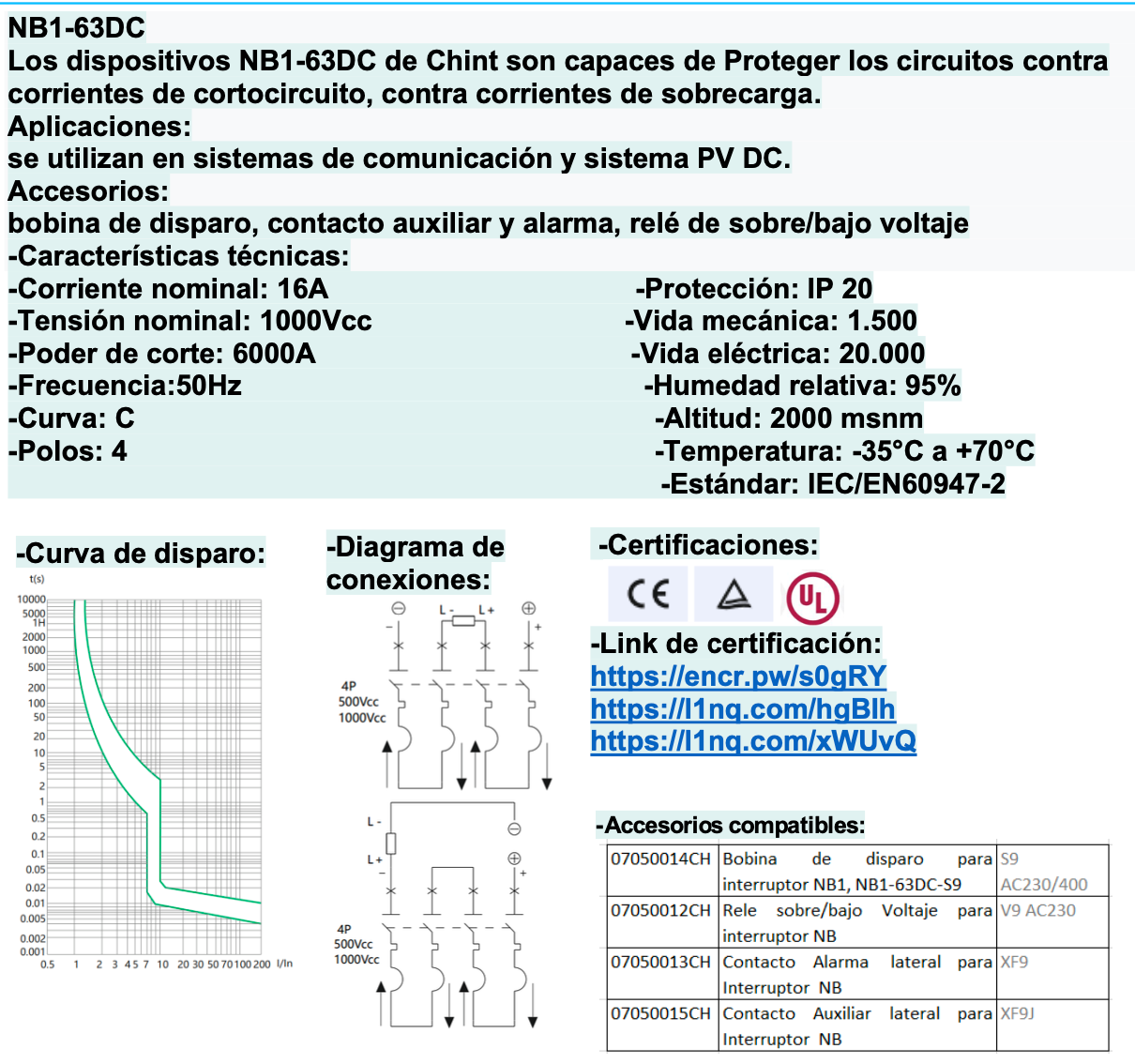 Interruptor DC CHINT NB1-63DC 2P 16A 1000VDC Curva C – 6kA – Código 07032416CH