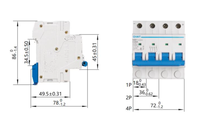 Interruptor DC CHINT NB1-63DC 2P 25A 1000VDC Curva C – 6kA – Código 07032425CH