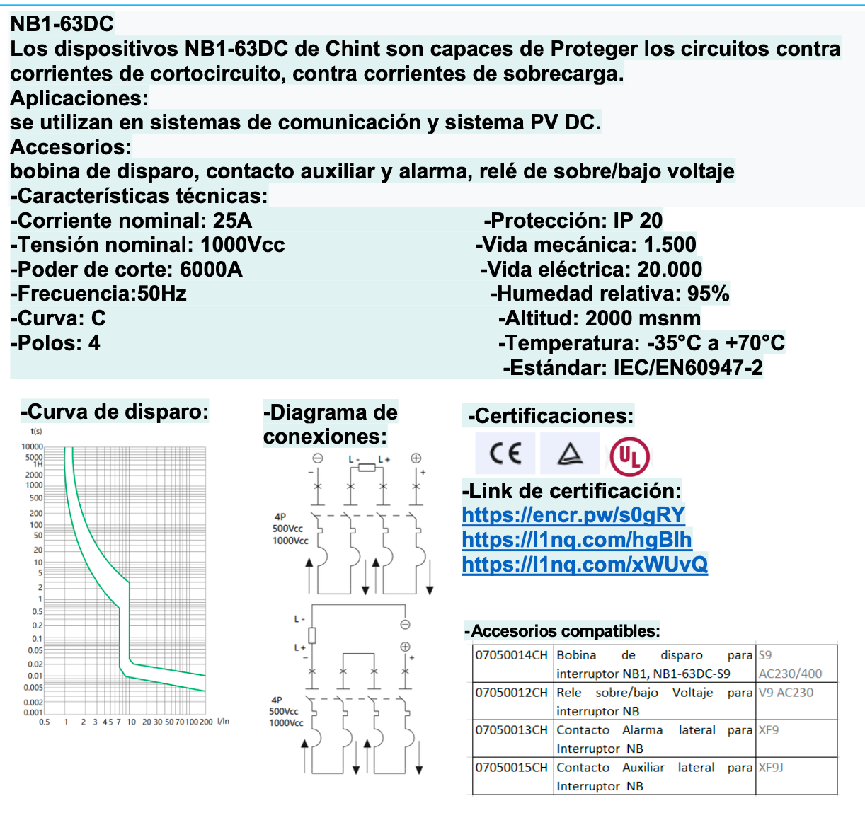 Interruptor DC CHINT NB1-63DC 2P 25A 1000VDC Curva C – 6kA – Código 07032425CH