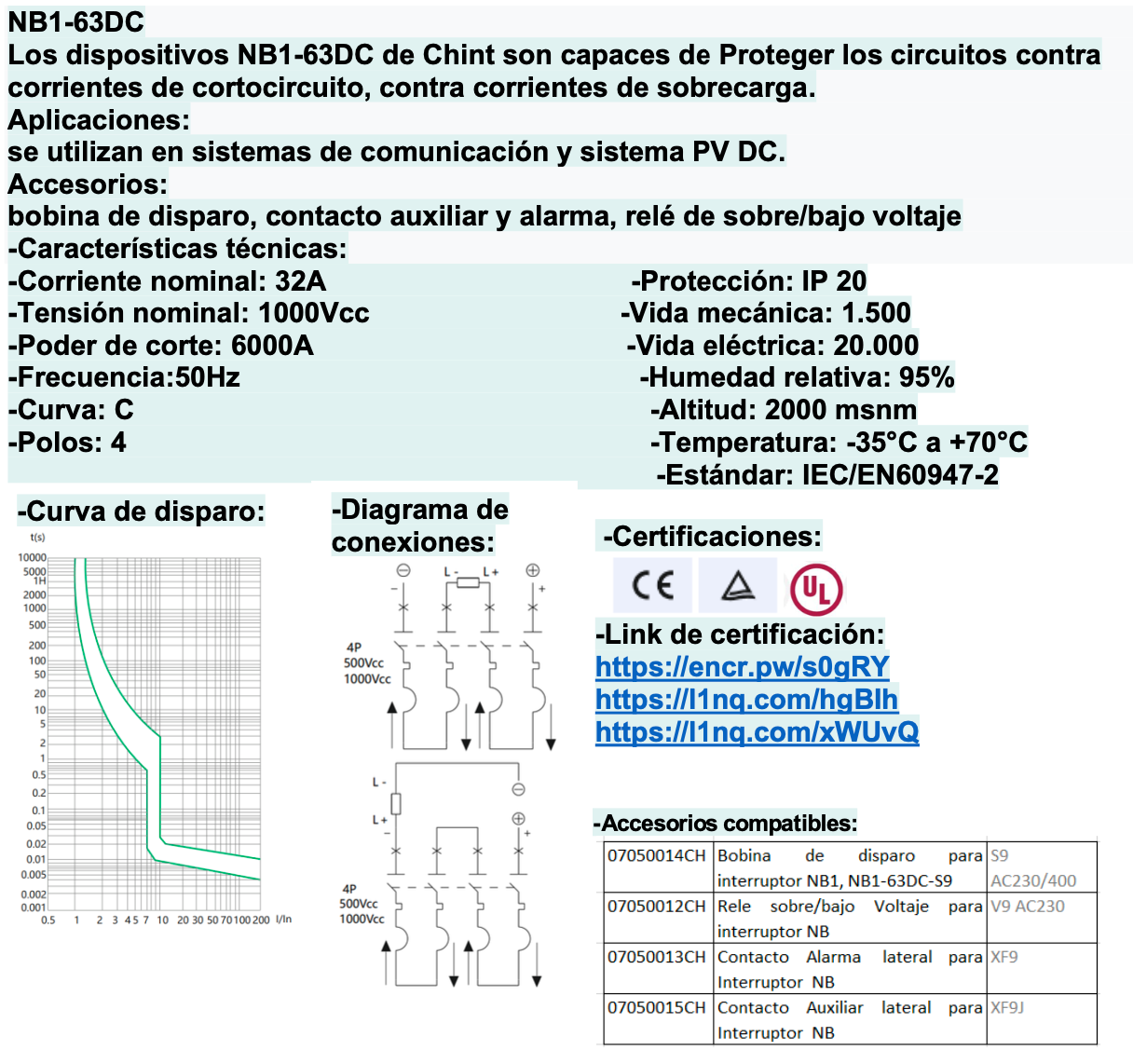 Interruptor DC CHINT NB1-63DC 2P 32A 1000VDC Curva C – 6kA – Código 07032432CH