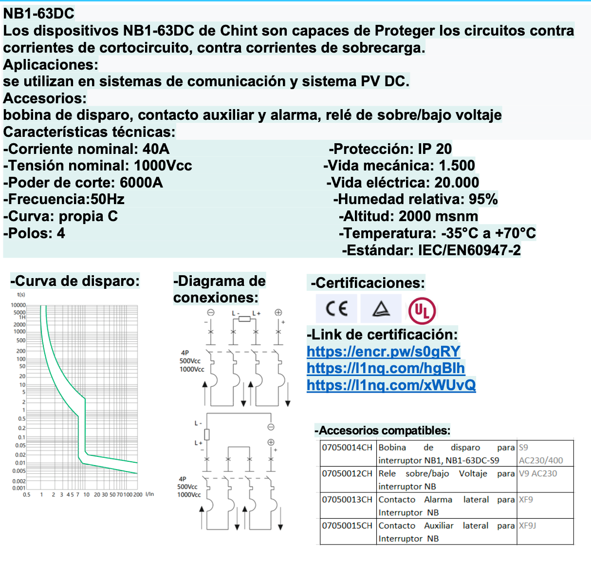 Interruptor DC CHINT NB1-63DC 2P 40A 1000VDC Curva C – 6kA – Código 07032440CH