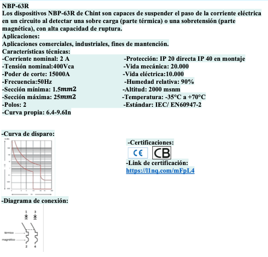 Interruptor Automático CHINT NBP-63R 2P 2A Curva C 15kA IEC60947 – Código 07030202CH
