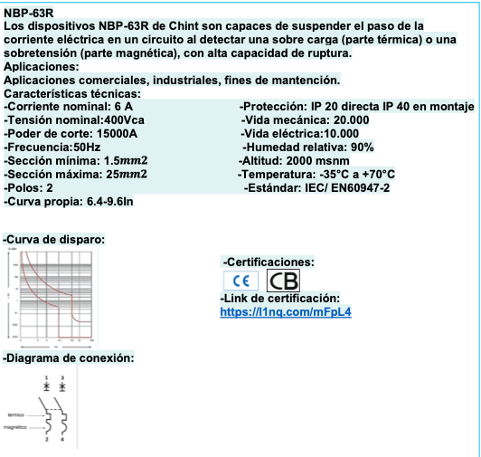 Interruptor Automático CHINT NBP-63R 2P 6A Curva C 15kA IEC60947 – Código 07030206CH