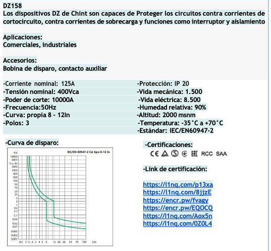 Interruptor Termomagnético CHINT DZ158-125 3P 125A 10kA 400V – Código 07011125CH