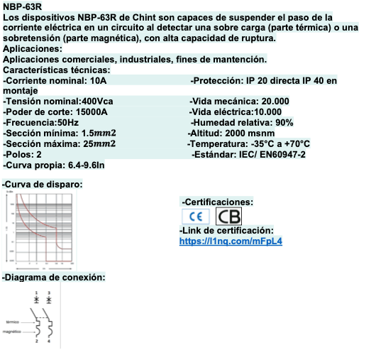 Interruptor a riel DIN CHINT NBP-63R 2P 10A 15kA – Código 07030210CH