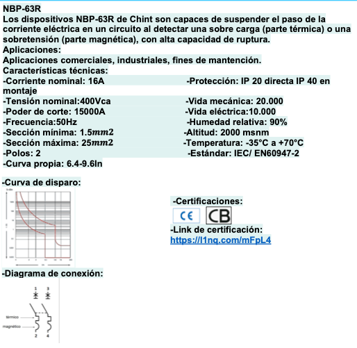 Interruptor a riel DIN CHINT NBP-63R 2P 16A 15kA – Código 07030216CH