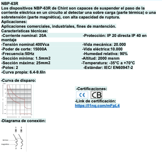 Interruptor a riel DIN CHINT NBP-63R 2P 20A 15kA – Código 07030220CH