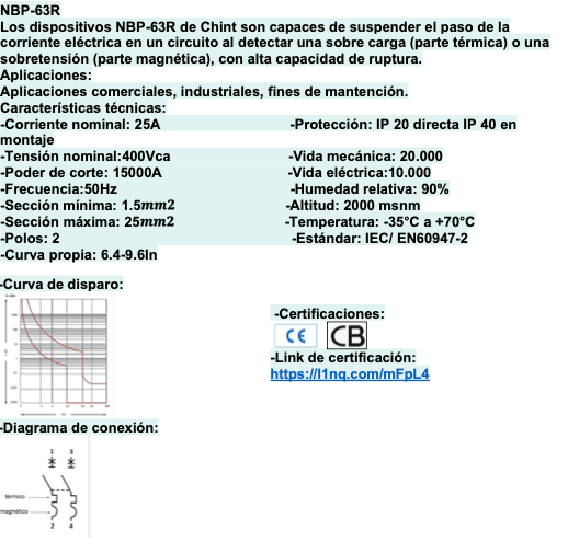 Interruptor a riel DIN CHINT NBP-63R 2P 25A 15kA – Código 07030225CH