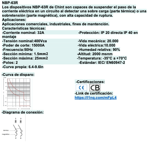 Interruptor Termomagnético CHINT NBP-63R 2P 32A 15kA – Código 07030232CH