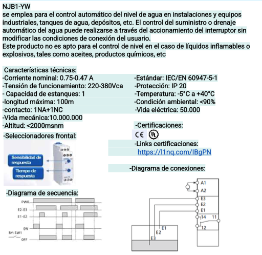 Relé de Nivel de Líquido CHINT NJB1-YW 230V AC con 3 Electrodos – Código 0505011CH