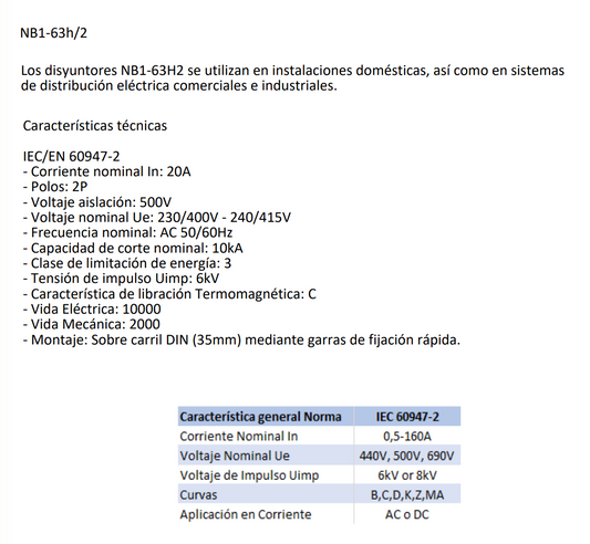 Interruptor Termomagnético Industrial CHINT NB1-63H/2 2P 20A Curva C 10kA – Código 07036220CH