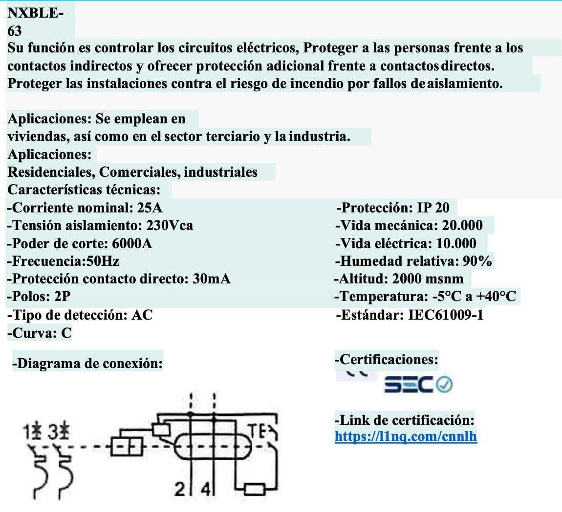 Interruptor RCBO CHINT NXBLE-63 2P 25A Curva C 30mA 6kA – Código 0702422503CH