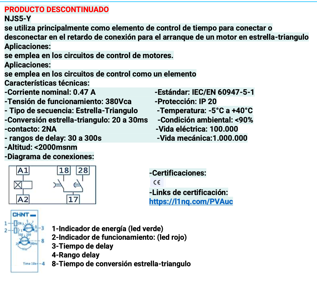 Relé Estrella–Triángulo CHINT NJS5-Y 30–300 s 380 Vac – Código 05041242CH