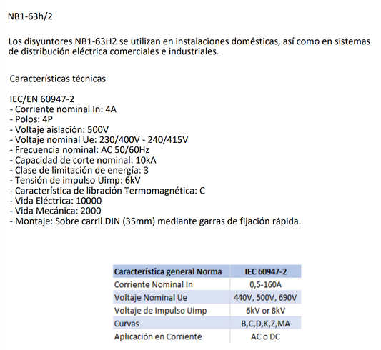 Interruptor Automático / Industrial CHINT NB1-63H/2 4P C 4 A 10 kA – Código 07036404CH