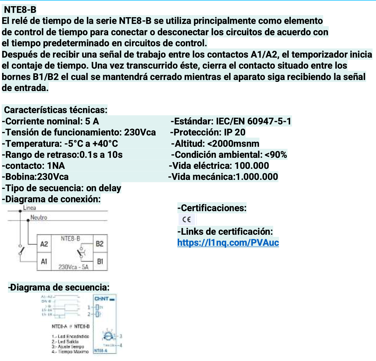 Relé Temporizador CHINT NTE8-B 230V AC ON-Delay 12–120 s 5A – Código 05040116CH