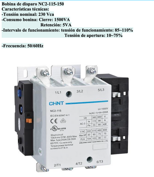 Bobina CHINT NC2-FF-230V para Contactor NC2-115/150 240 Vac 50 Hz – Código 030885150CH