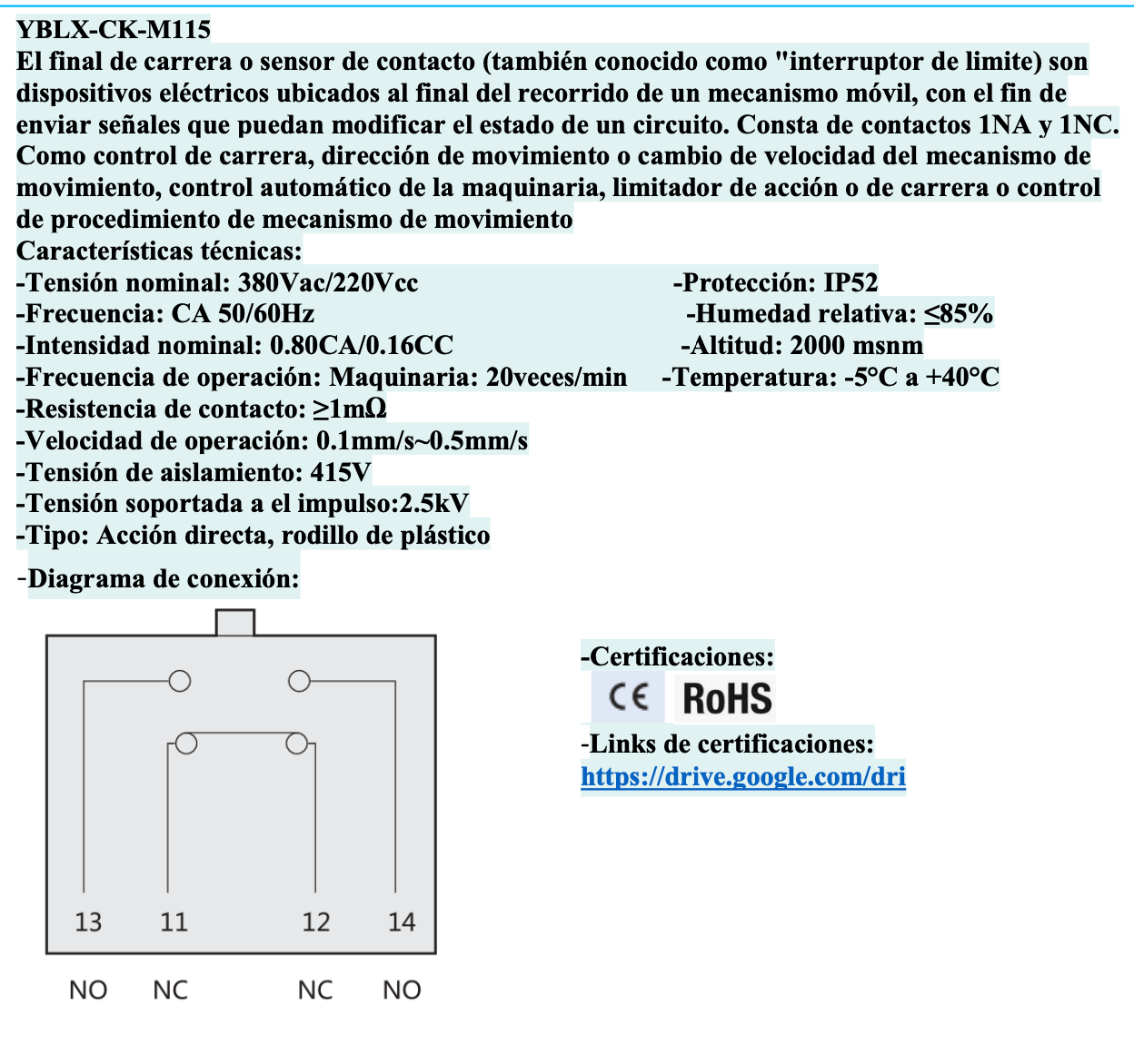 Final de Carrera metálico CHINT YBLX-CK-M115 con Roldana 1NA+1NC IP52 – Código 57044511CH