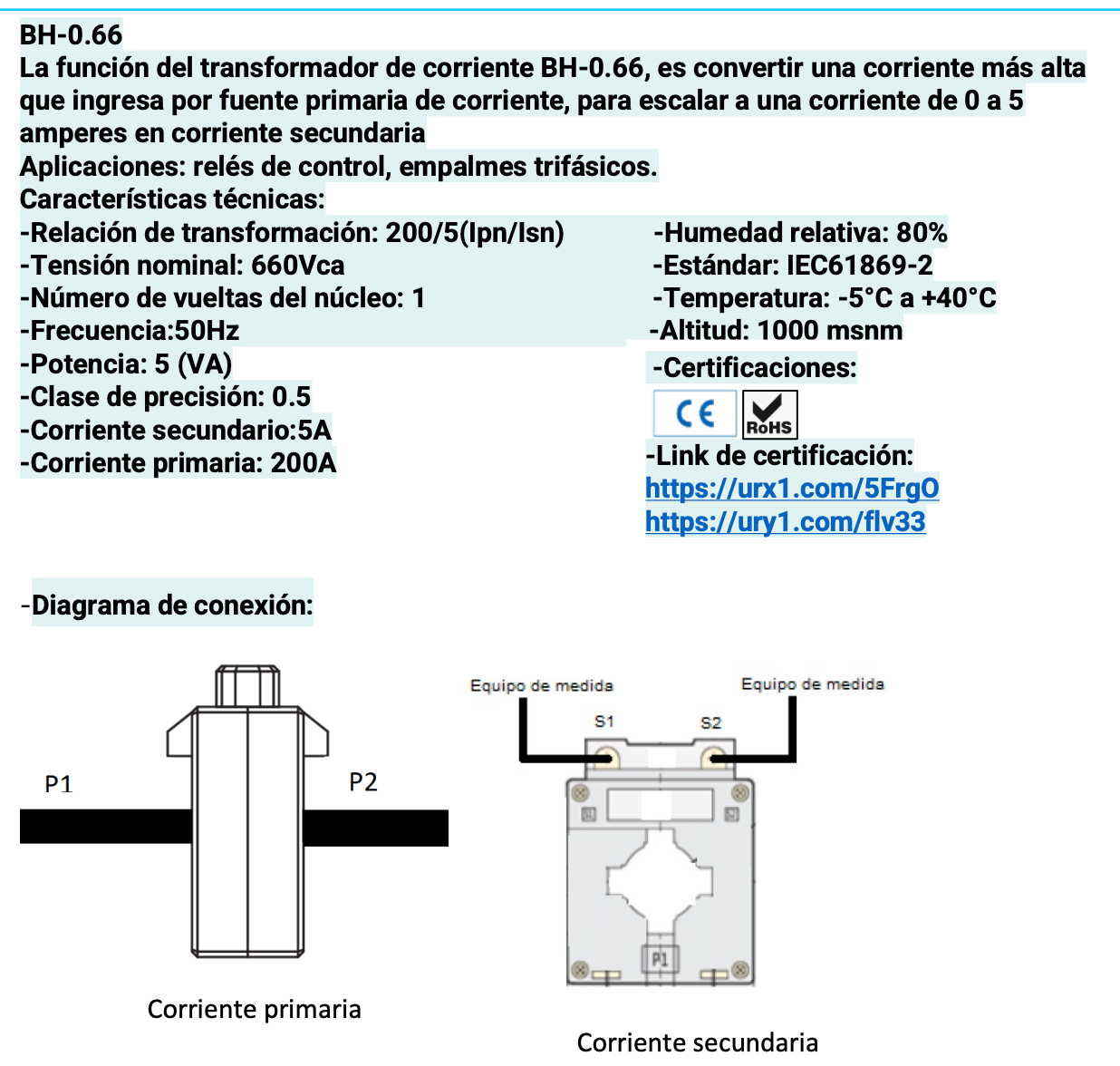 Transformador de Corriente CHINT BH-0.66 40I 200/5A Ventana 40×10 mm Clase 0.5 – Código 2901020CH
