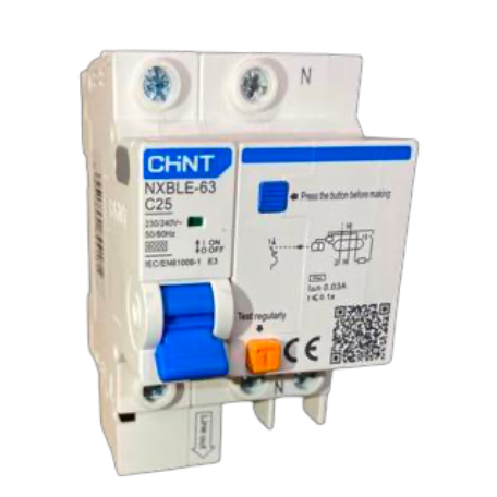 Interruptor RCBO CHINT NXBLE-63 1P+N 25A Curva C 30 mA 6 kA – Código 07024102503CH