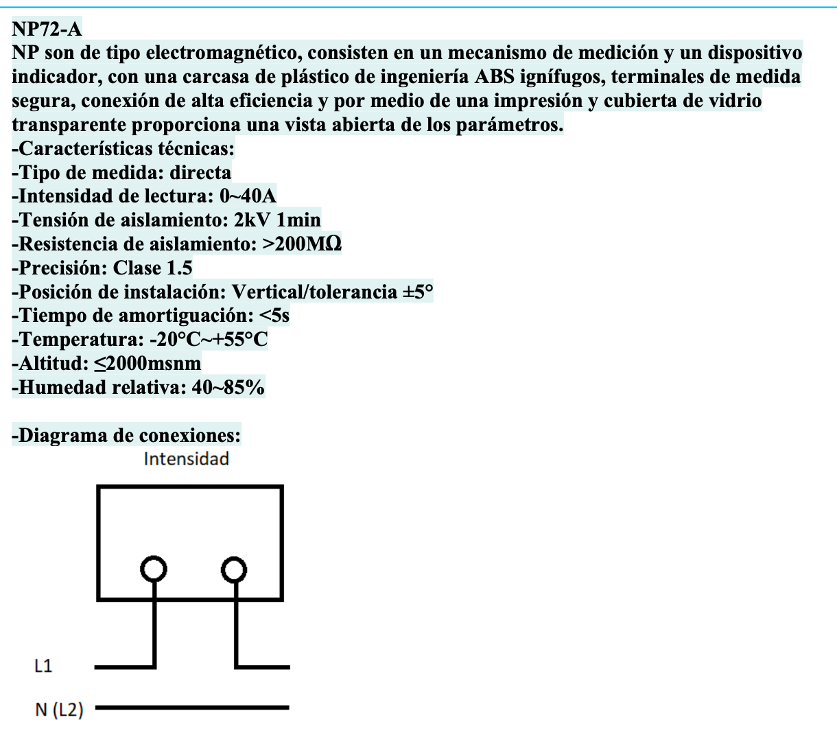 Amperímetro AC Indirecto CHINT NP72-A 40 A 72×72 mm Clase 1.5 – Código 27010040CH