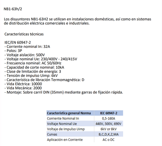 Interruptor Industrial CHINT NB1-63H/2 3P 32A Curva D 10kA IEC 60947-2 – Código 07037332CH