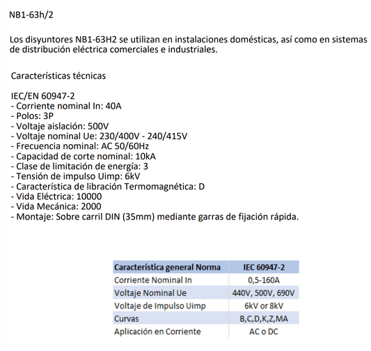 Interruptor Industrial CHINT NB1-63H/2 3P 40A Curva D 10kA IEC 60947-2 – Código 07037340CH