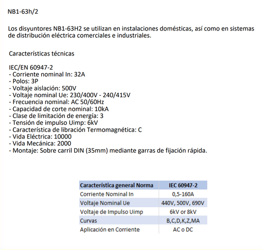 Interruptor Termomagnético CHINT NB1-63H/2 3P 32 A 10 kA Curva C – Código 07036332CH