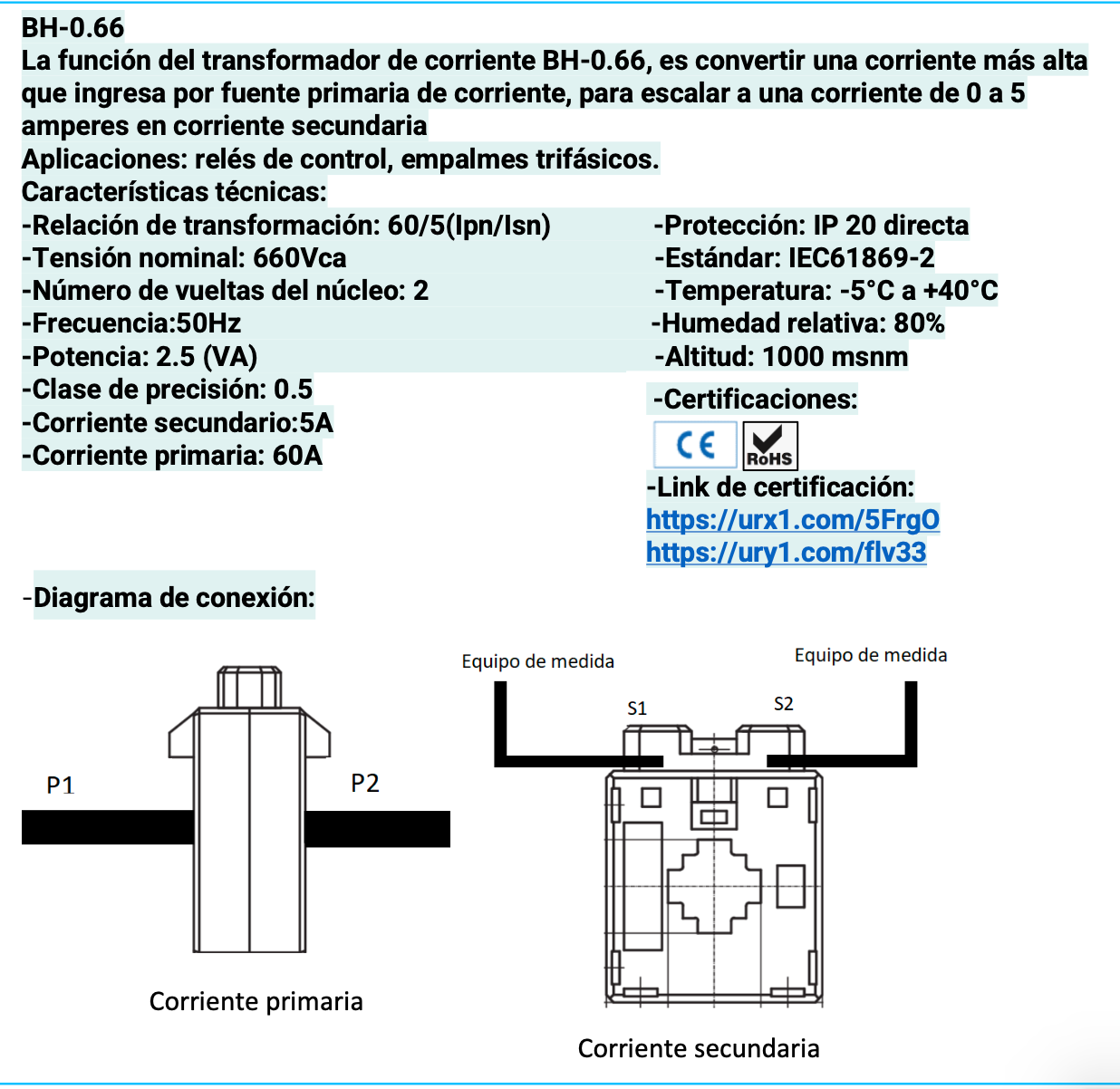 Transformador de Corriente CHINT BH-0.66 30IB 60/5 A Ventana 30×30 mm – Código 2901006CH
