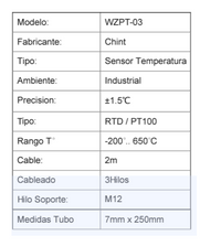 Sensor de Temperatura PT100 CHINT WZPT-03 2500 mm – Código 65016010CH