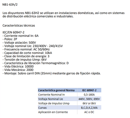 Interruptor Industrial CHINT NB1-63H/2 2P 6A 10kA Curva D – Código 07037206CH