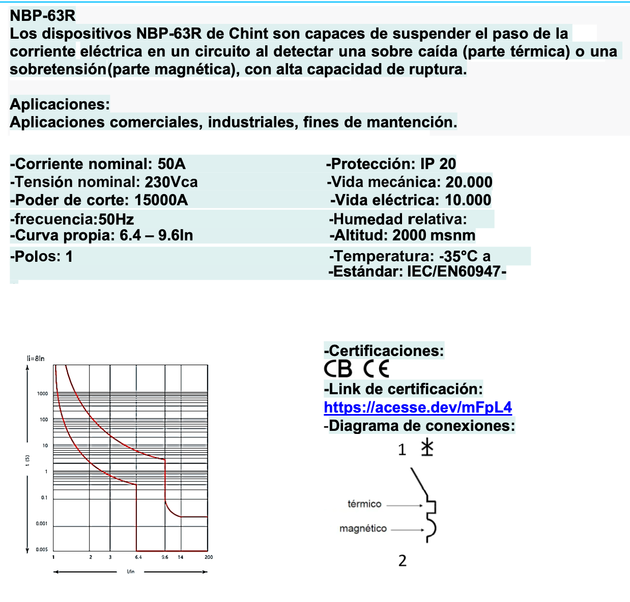 Interruptor a Riel DIN CHINT NBP-63R 1P 50A 15kA – Código 07030150CH