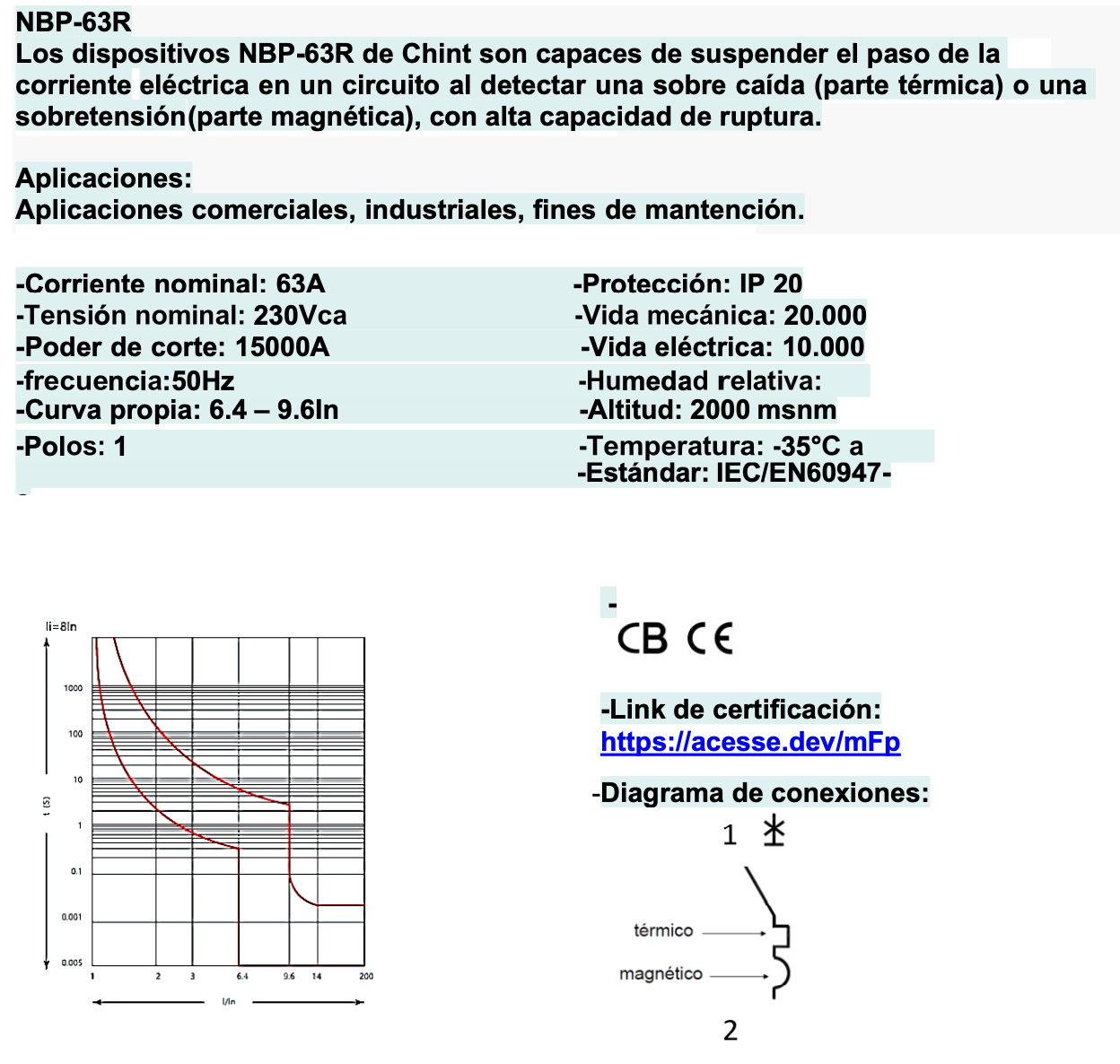 Interruptor a Riel DIN CHINT NBP-63R 1P 63A 15kA – Código 07030163CH